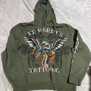 Ed Hardy Olive Hoodie with Logo